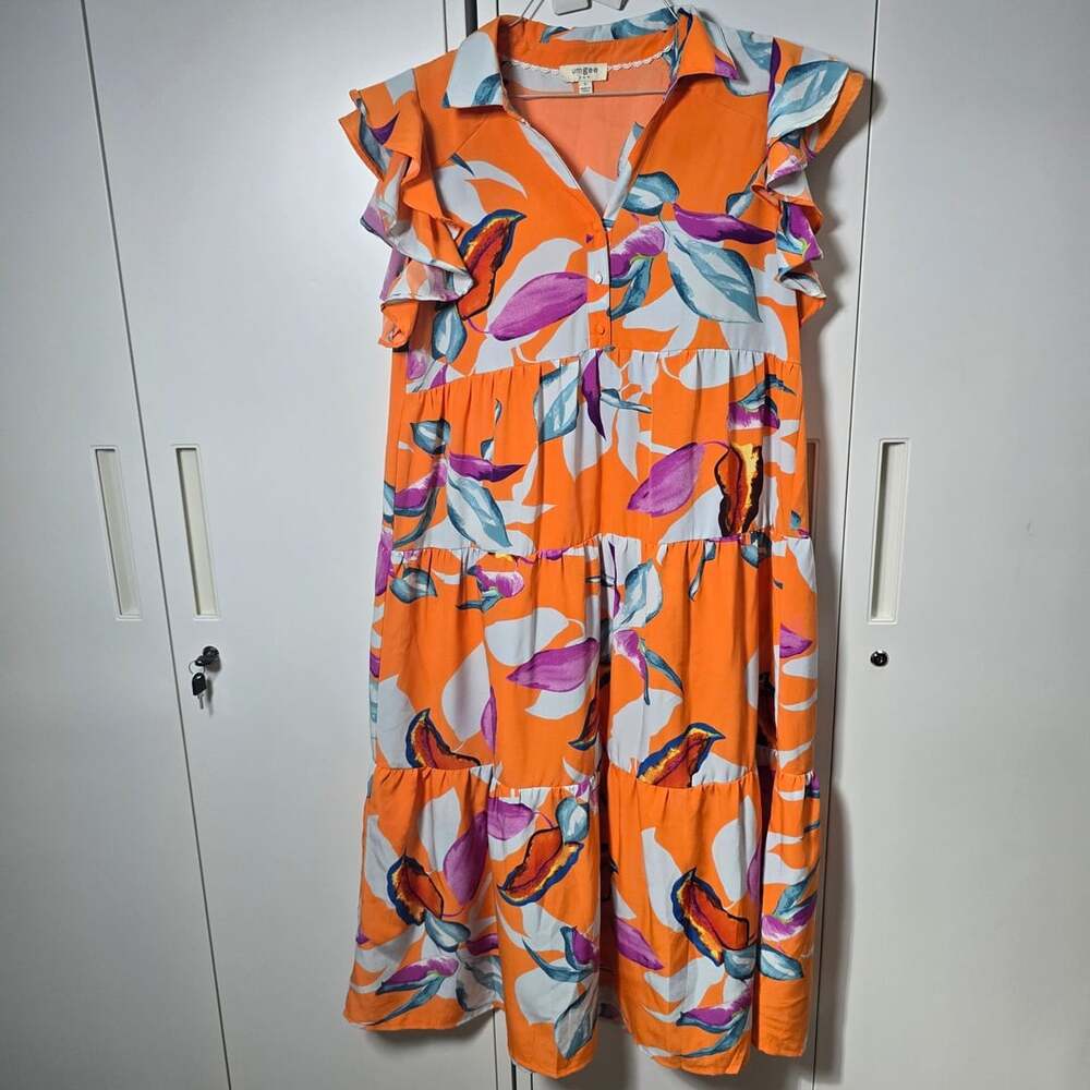 Umgee Dress Size S Orange Floral Tiered Ruffle